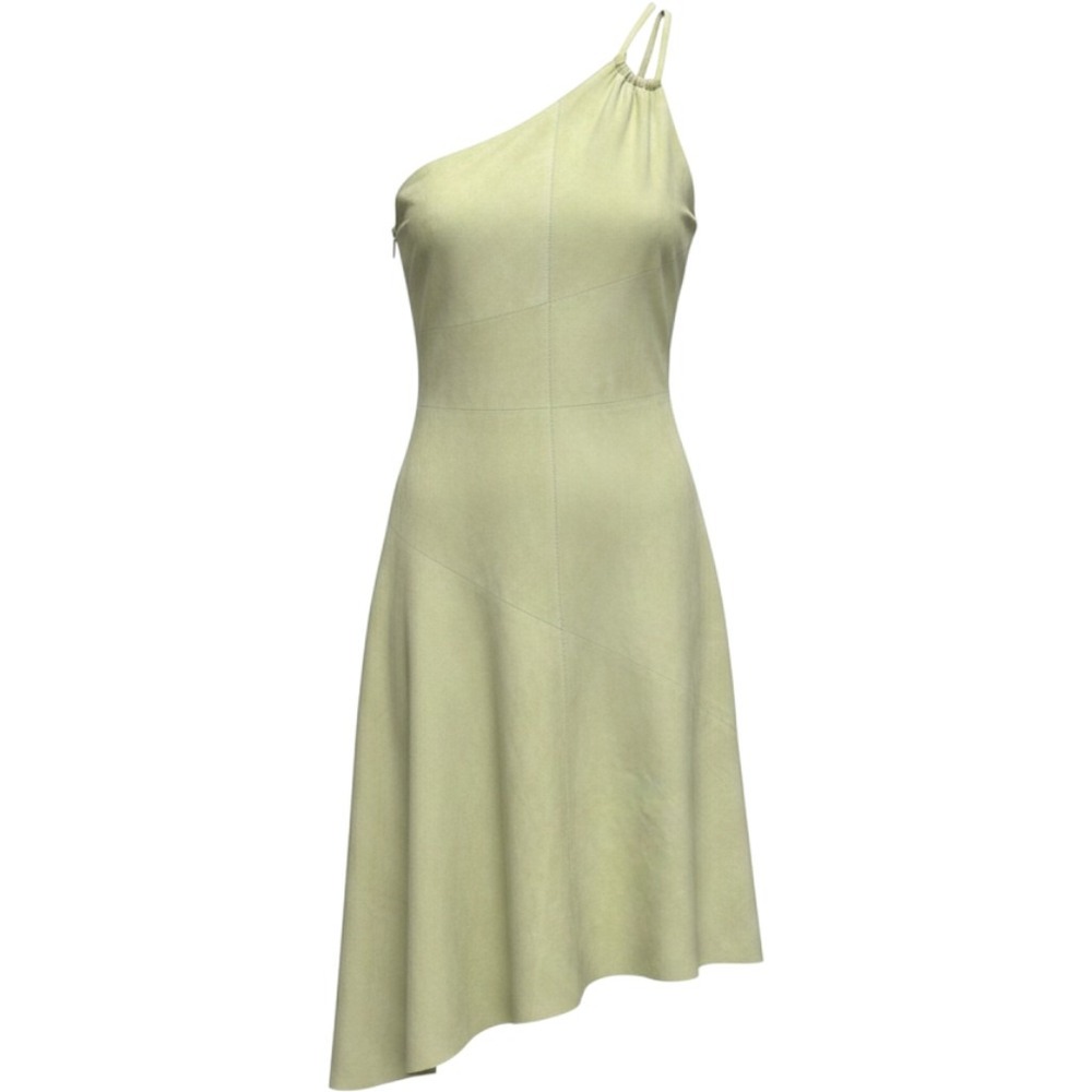 Halston Heritage Sage Green Suede One Shoulder Asymmetrical Hem Dress 0